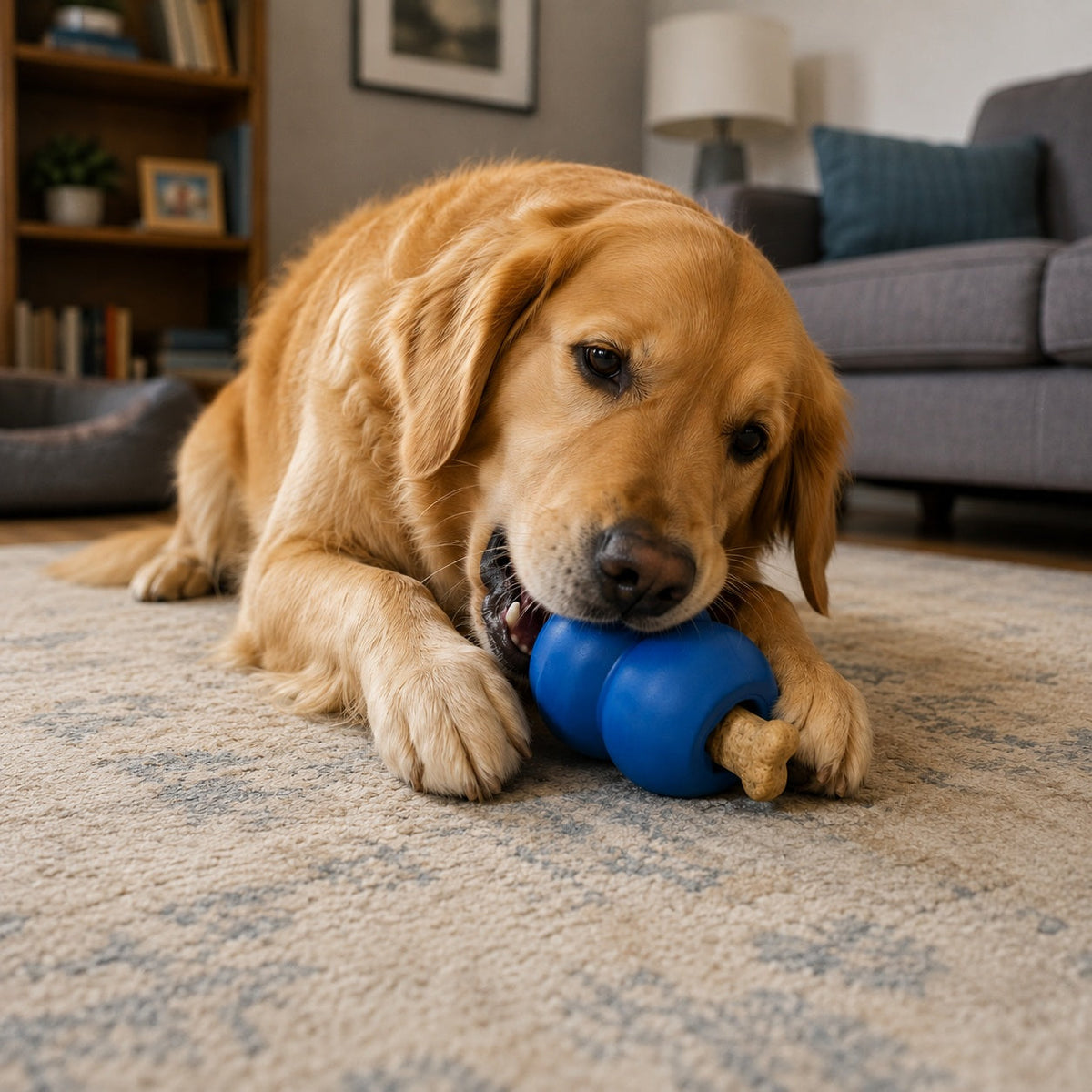 Double Trouble Treat Toy — Blue Double Trouble toy shown during supervised use.