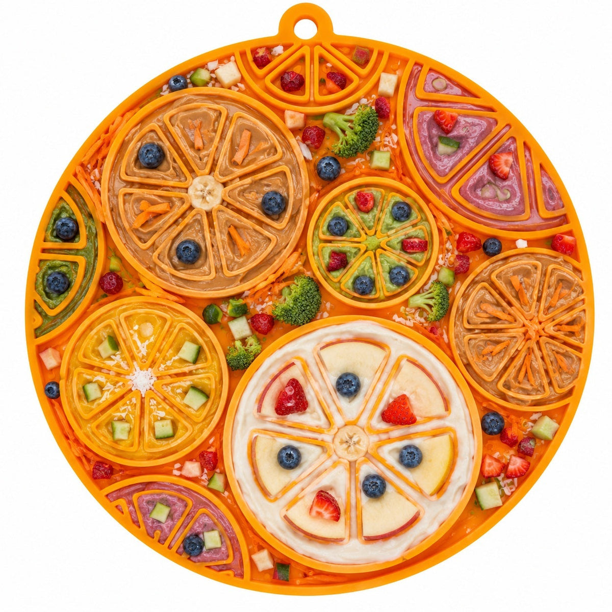 Citrus Suction Lick Mat — Orange Citrus mat shown with a filling; food is not included.