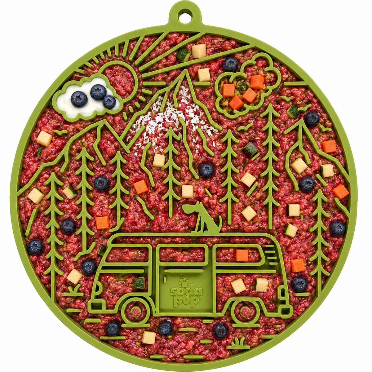 Camp Suction Lick Mat — Green Camp mat shown with a food serving; food is not included.