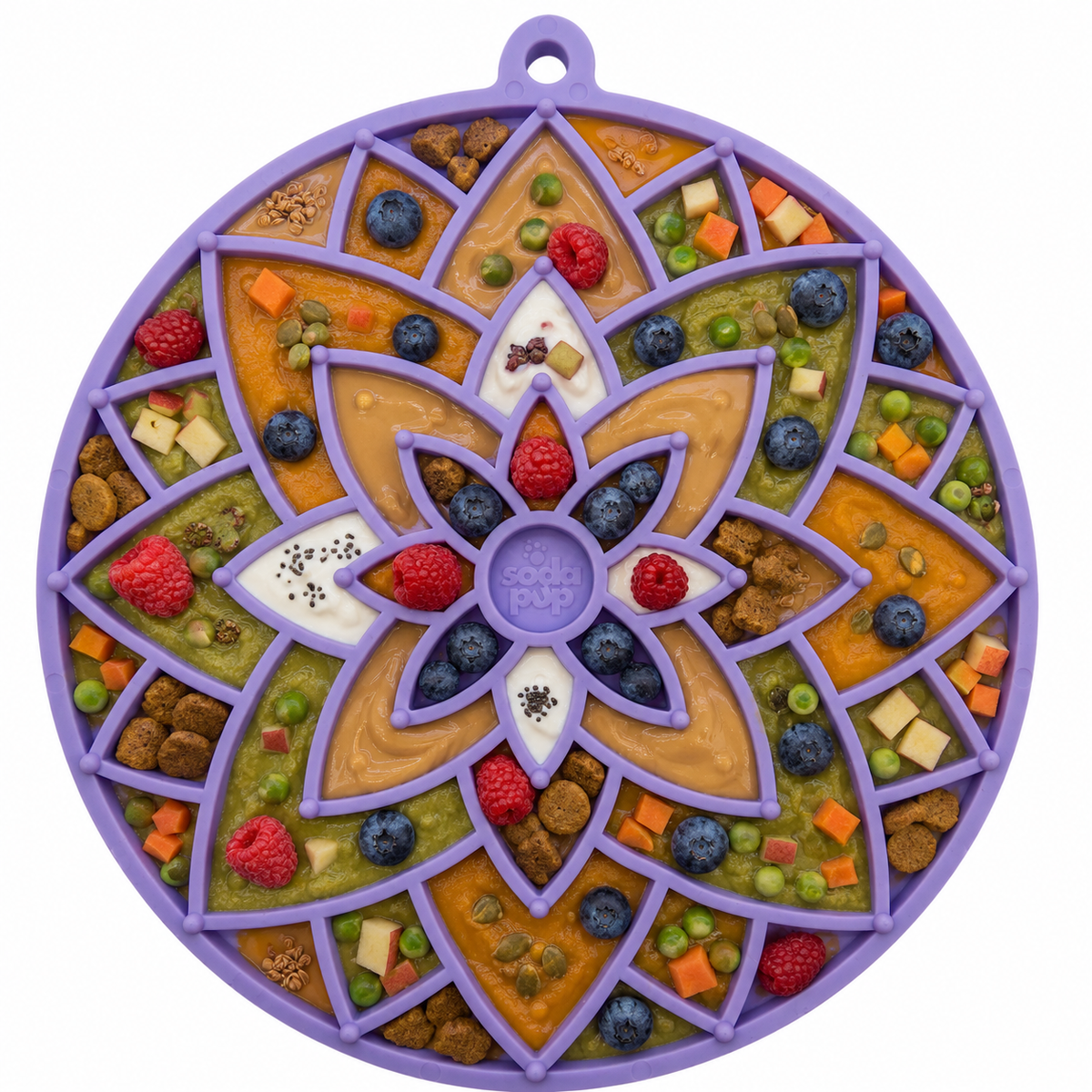 Lotus Suction Lick Mat — Pastel Purple Lotus mat shown with a filling; food is not included.