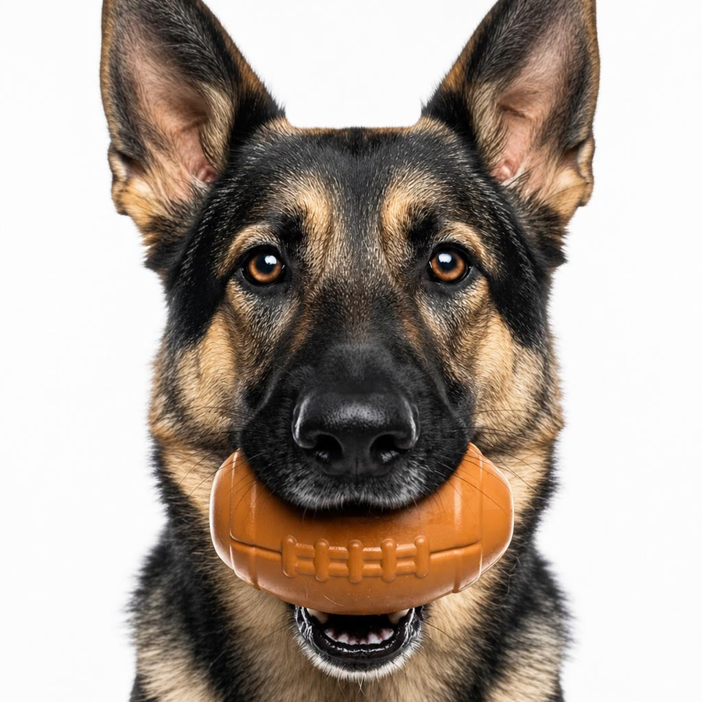 Football Treat Toy — Brown football shown during supervised play.