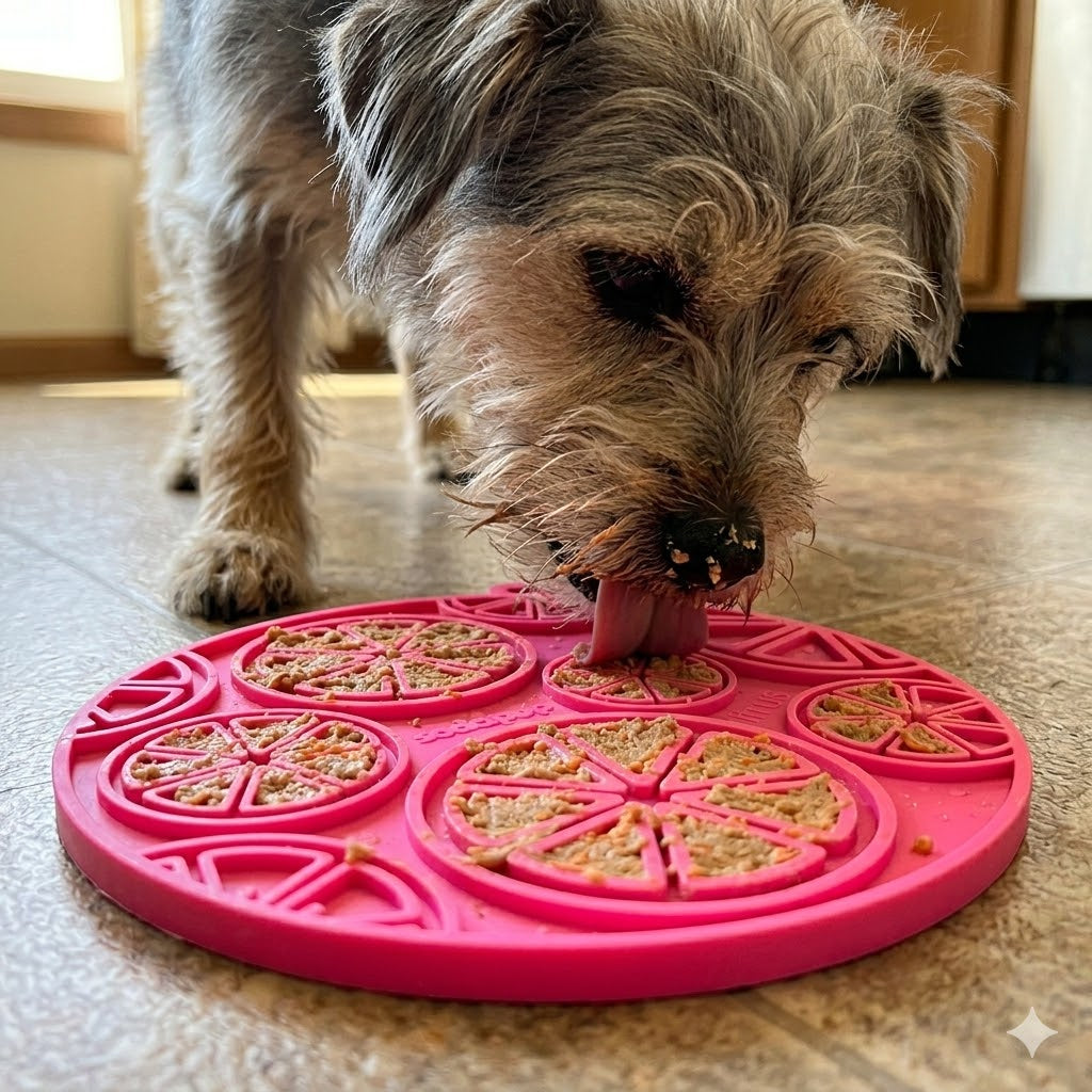 Citrus Suction Lick Mat — Pink Citrus mat shown in use.