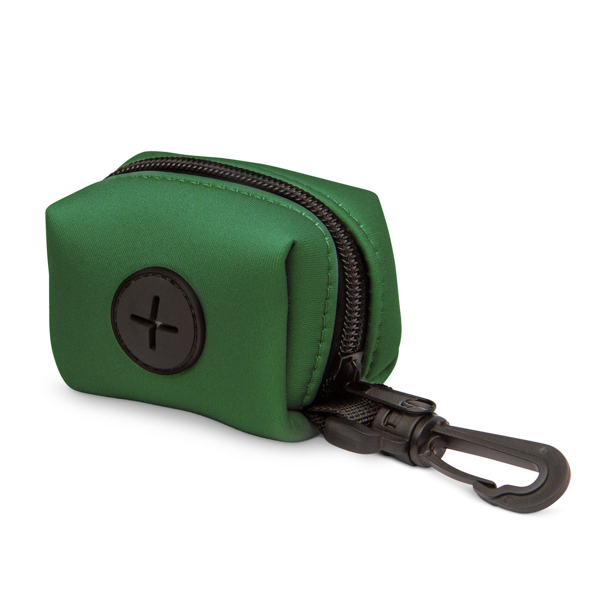 Clover Clip-On Bag Holder — Supplier photograph showing the bag holder dispensing opening and leash clip.