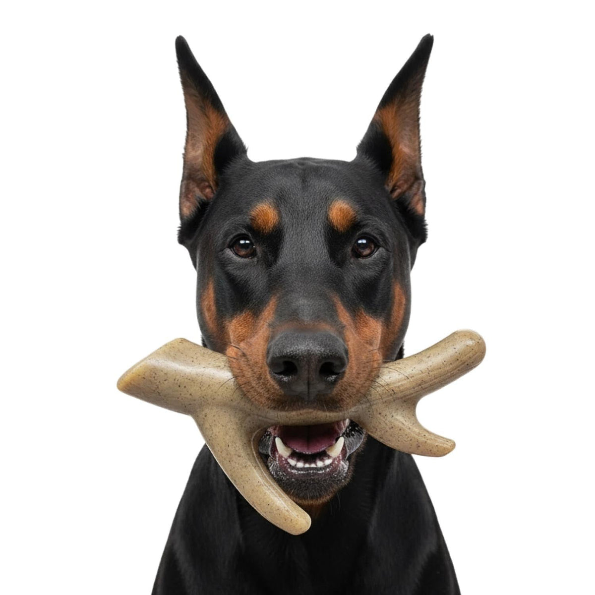 Antler-Shaped Nylon Chew Toy — Antler-shaped nylon toy shown during supervised use.