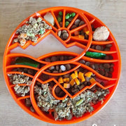 Sun & Moon Feeding Tray — Orange Sun & Moon tray shown with a serving; food is not included.