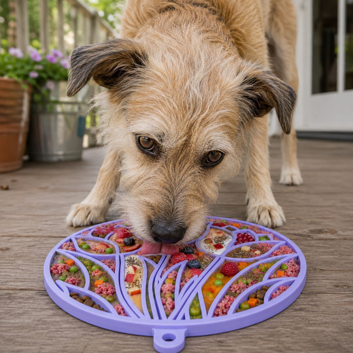 Tulip Suction Lick Mat — Pastel Purple Tulip mat shown in use.