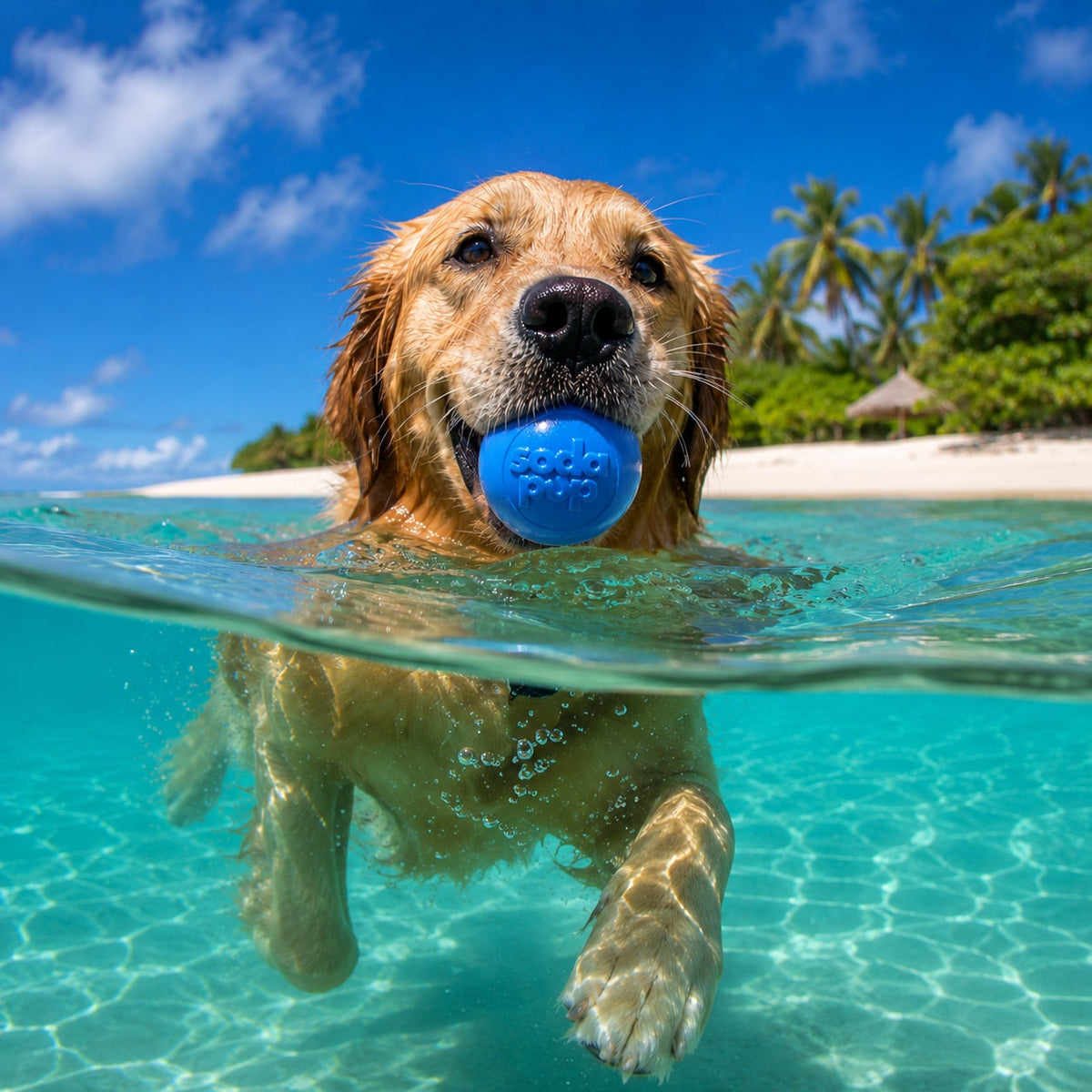 Floating Squeak Ball — Blue Squeak Ball shown during supervised water play; one ball is included.