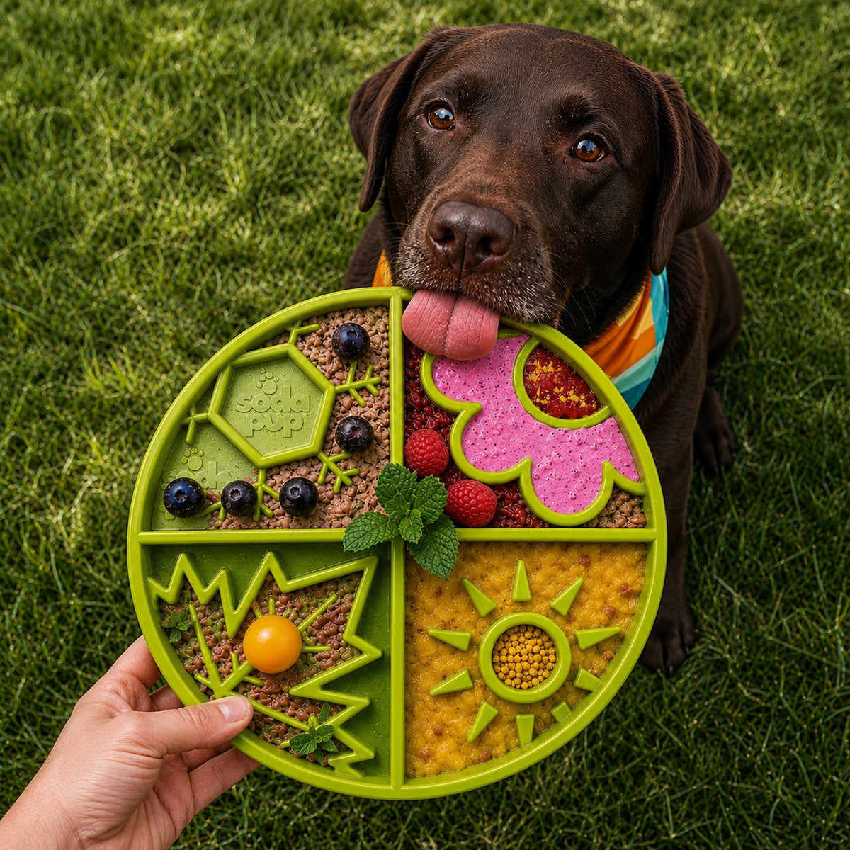 Four Seasons Feeding Tray — Green Four Seasons feeder shown in use; food is not included.