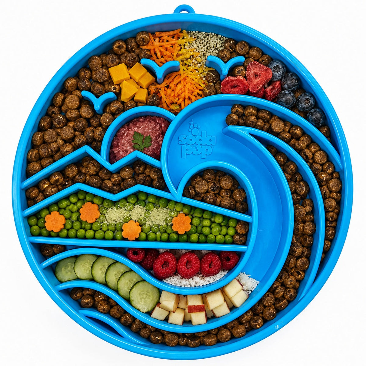 Baja Feeding Tray — Blue Baja tray shown with a serving; food is not included.