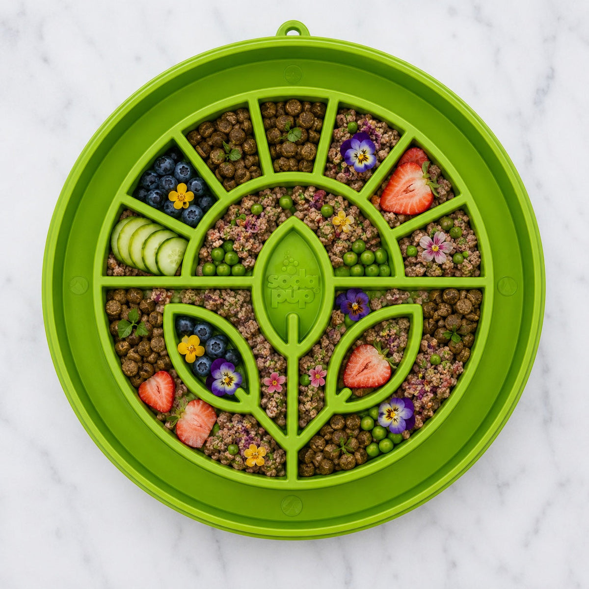 Garden Feeding Tray — Green Garden tray shown with a serving; food is not included.
